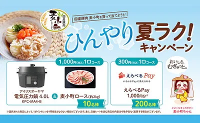 国産豚肉「麦小町」キャンペーンで、「選べる電子ギフト」「電気圧力鍋」当たる!
