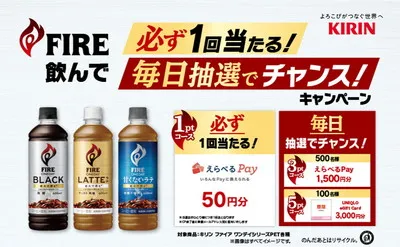 FIRE飲んで必ず、Pay1回当たる!毎日抽選でチャンス!