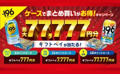 サントリー「-196」ケース買いキャンペーン!選べるギフトペイが最大77,777円分