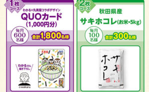 「わかるさん QUOカード1,000円」「秋田県産 サキホコレ（お米）」